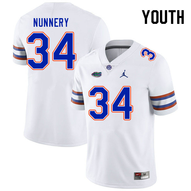 Youth #34 Mannie Nunnery Florida Gators College Football Jerseys Stitched-White - Click Image to Close